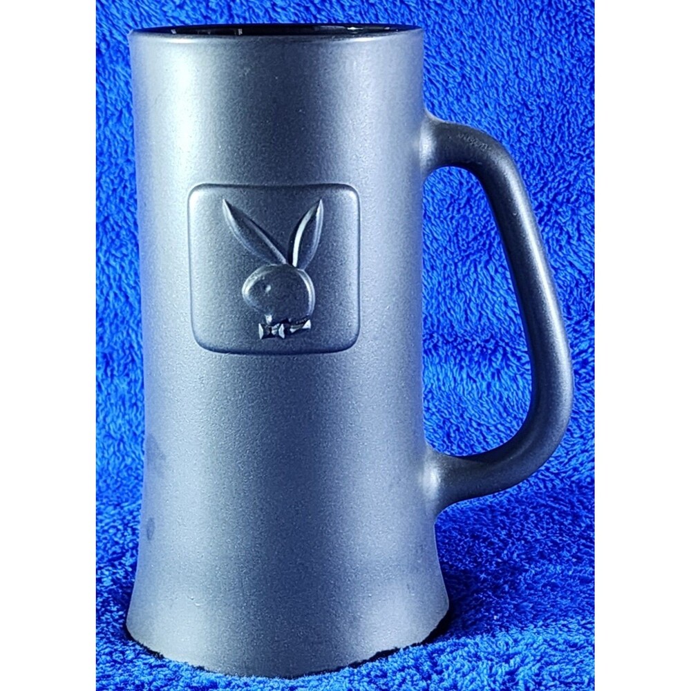 Vintage “PLAYBOY CLUB” Gunmetal Glass Beer Stein Mug Cup Embossed Bunny Logo
